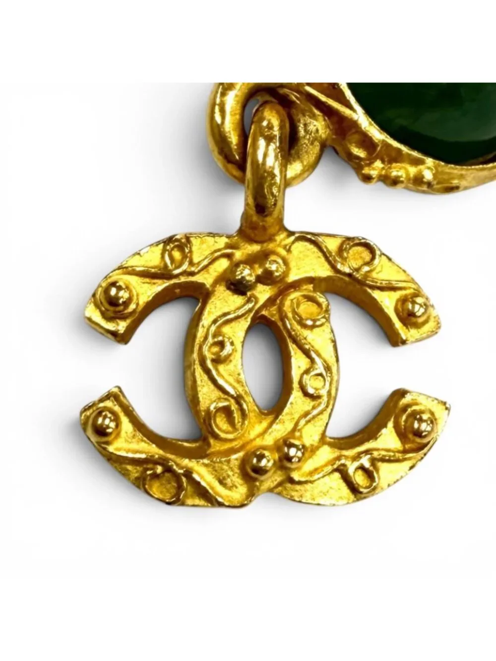 Chanel Vintage Gripoix CC Logo Swing Earrings Green Gold